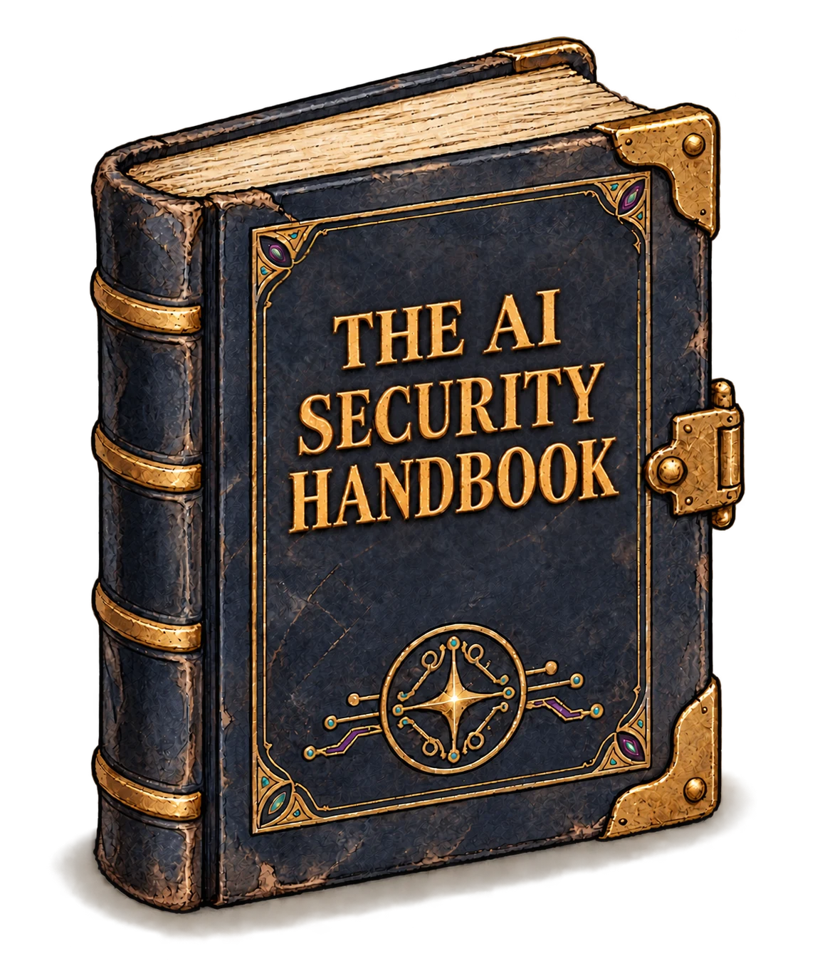 A closed, time-worn midnight-blue grimoire titled The AI Security Handbook, with thick ivory pages, brass corners and clasp, and a circuit-node medallion on its cover.